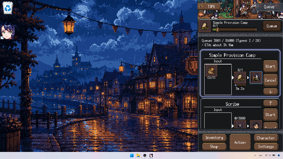 The portrait game window sitting at the right edge of a Windows desktop with a pixel-art town wallpaper.