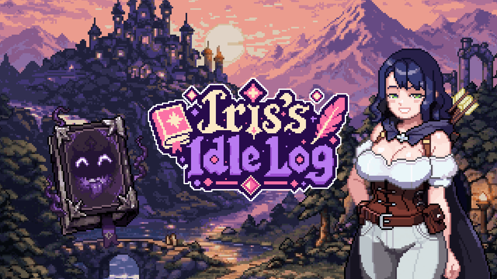 Iris and her companion Bibi beside the Iris’s Idle Log logo, with a castle and mountains at sunset.